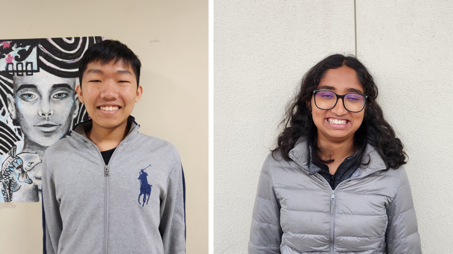 Tony Wang (23), pictured right, and Shree Billa (23), pictured left, are the winners of the 2023 Juanita Haugen Scholarship, a prestigious local scholarship given to PUSD seniors. 