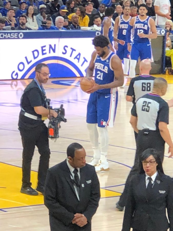 Joel Embiid gets ready to shoot a free throw in the midst of his 42 point game against the Golden State Warriors, propelling his MVP contention.