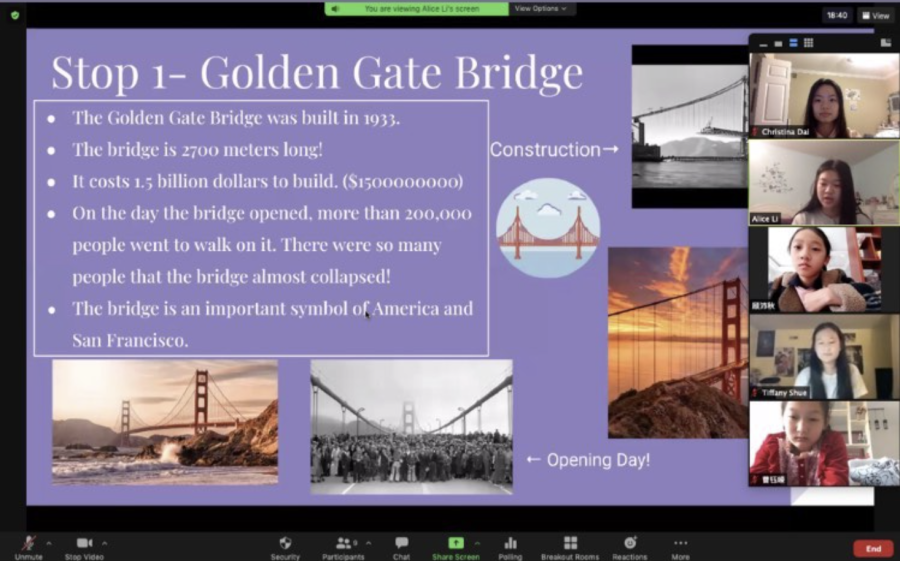 Students in English for Change are learning about the Golden Gate Bridge in a Zoom lesson.