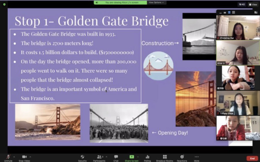 Students+in+English+for+Change+are+learning+about+the+Golden+Gate+Bridge+in+a+Zoom+lesson.