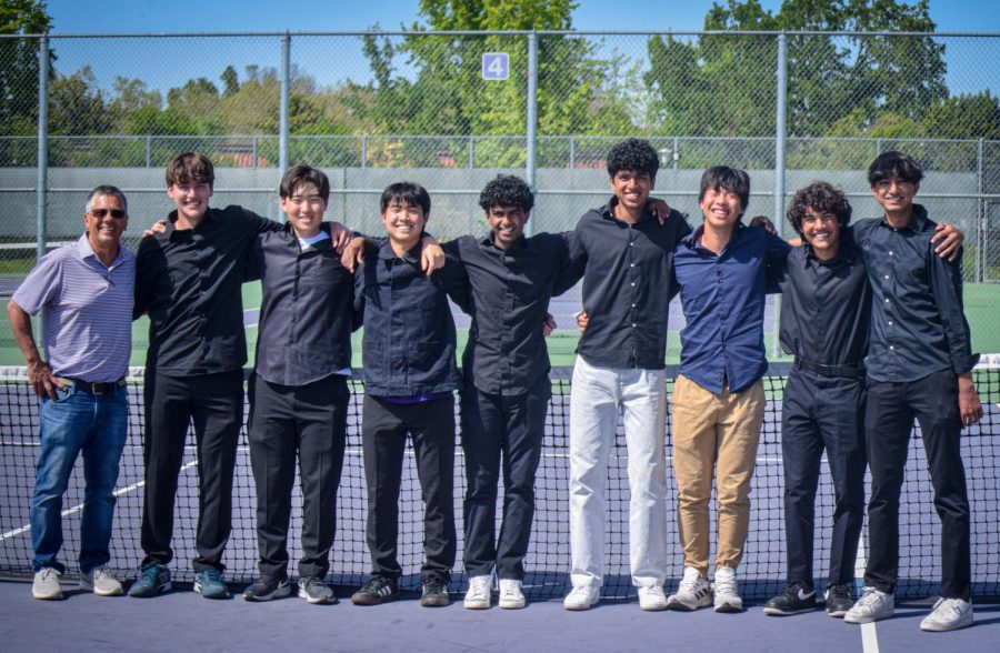 Along with coach Mark Stephenson, seniors (from left to right) James Heeter, Stephen Gao, Bryan Park, Vikram Murali, Anuraag Aravindan, Roy Kim, Rylen Sabhlok, and Bhavik Singhal pose for their final regular season match of their high school careers.