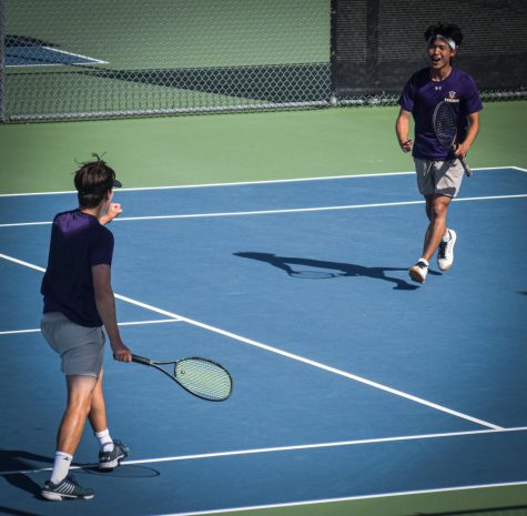 Playing in the semifinals of the EBAL doubles tournament as the third seed, seniors James Heeter (23) and Bryan Park (23) celebrate together after an incredible point.