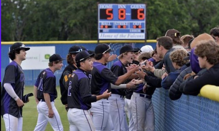 Amador Valley varsity baseball team celebrating a 6-5 win on May 5 over the Foothill Falcons with fans and parents. 
