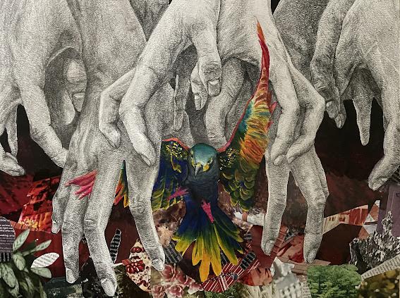   Kim’s artwork features a colorful fleeting bird, freeing itself from the hands of society, surrounded by red and green collage work. (Photo provided by Dani Kim)