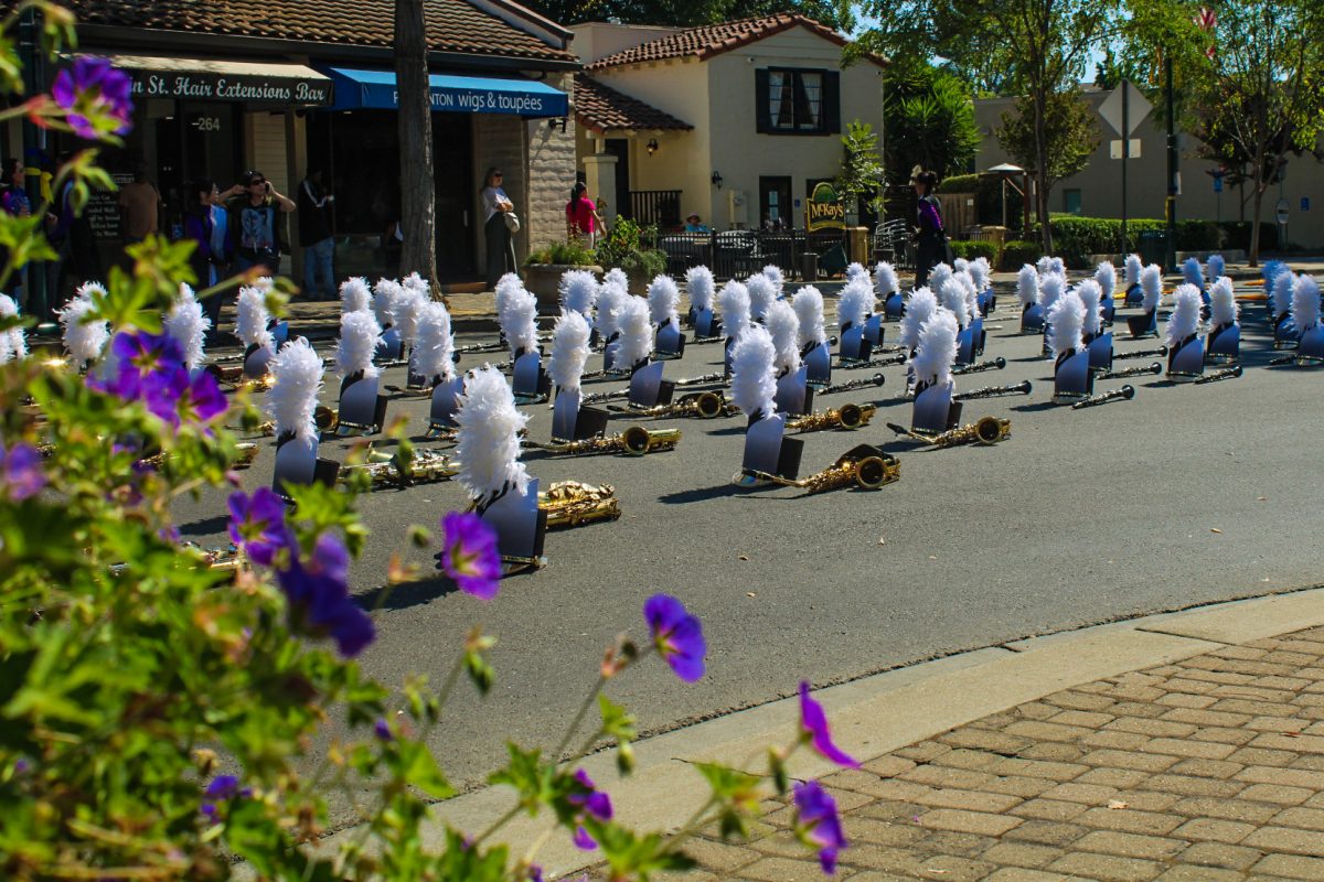 Marching band hats strewn along Main Street before the start of the parade.