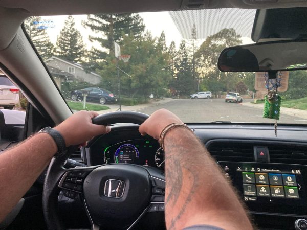 A digital drivers license owner cruises in his car through his neighborhood. 