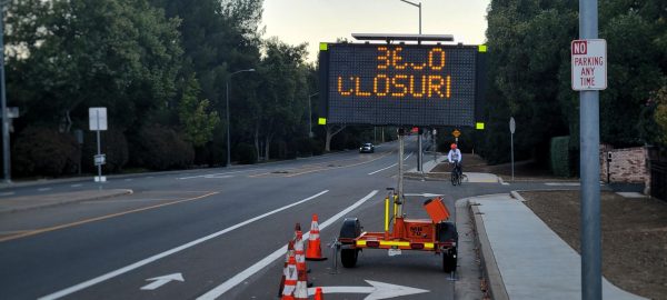A sign is set up from the direction of Foothill to warn drivers of the upcoming closure.
