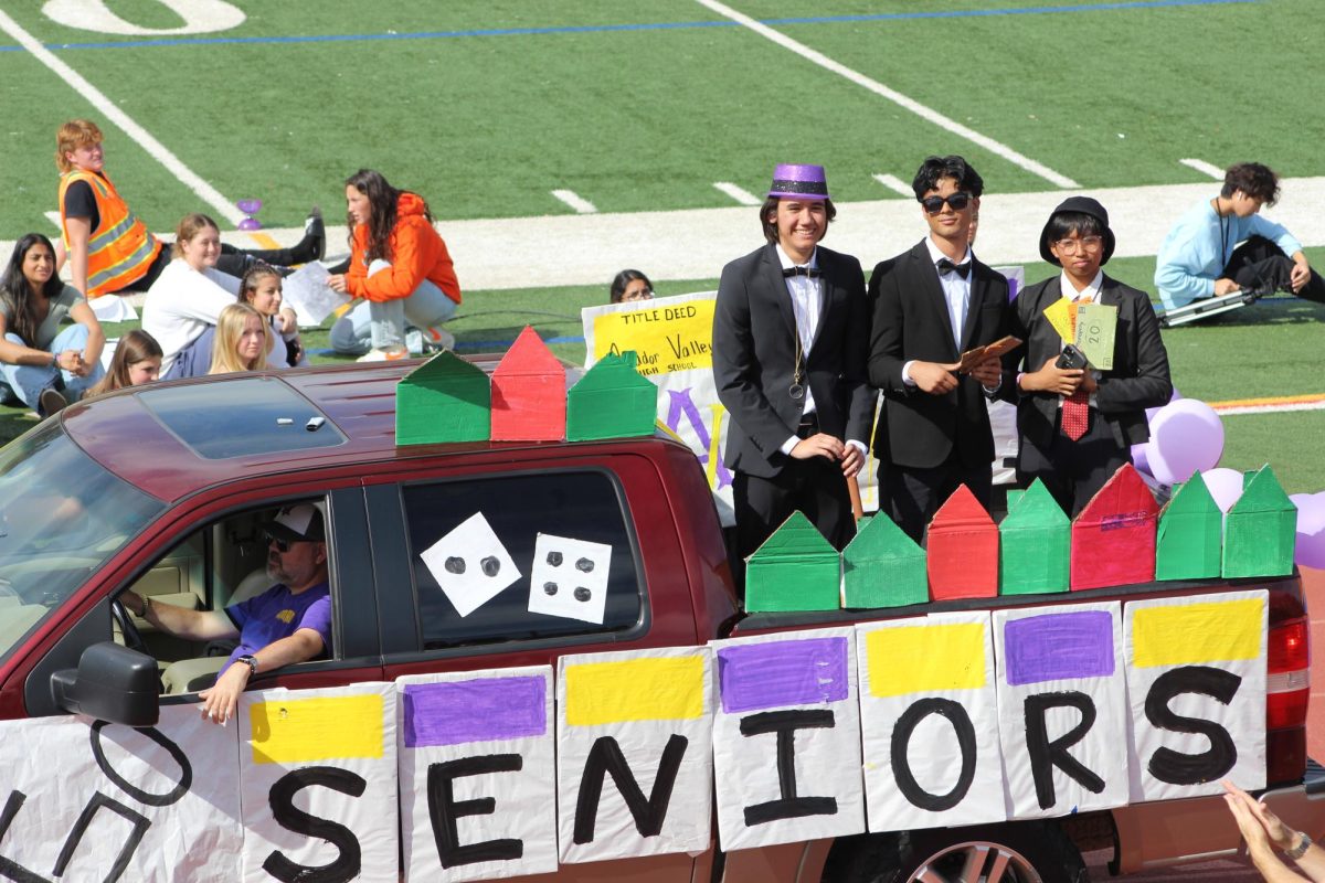 Leadership seniors stand upon a personally decorated float. 