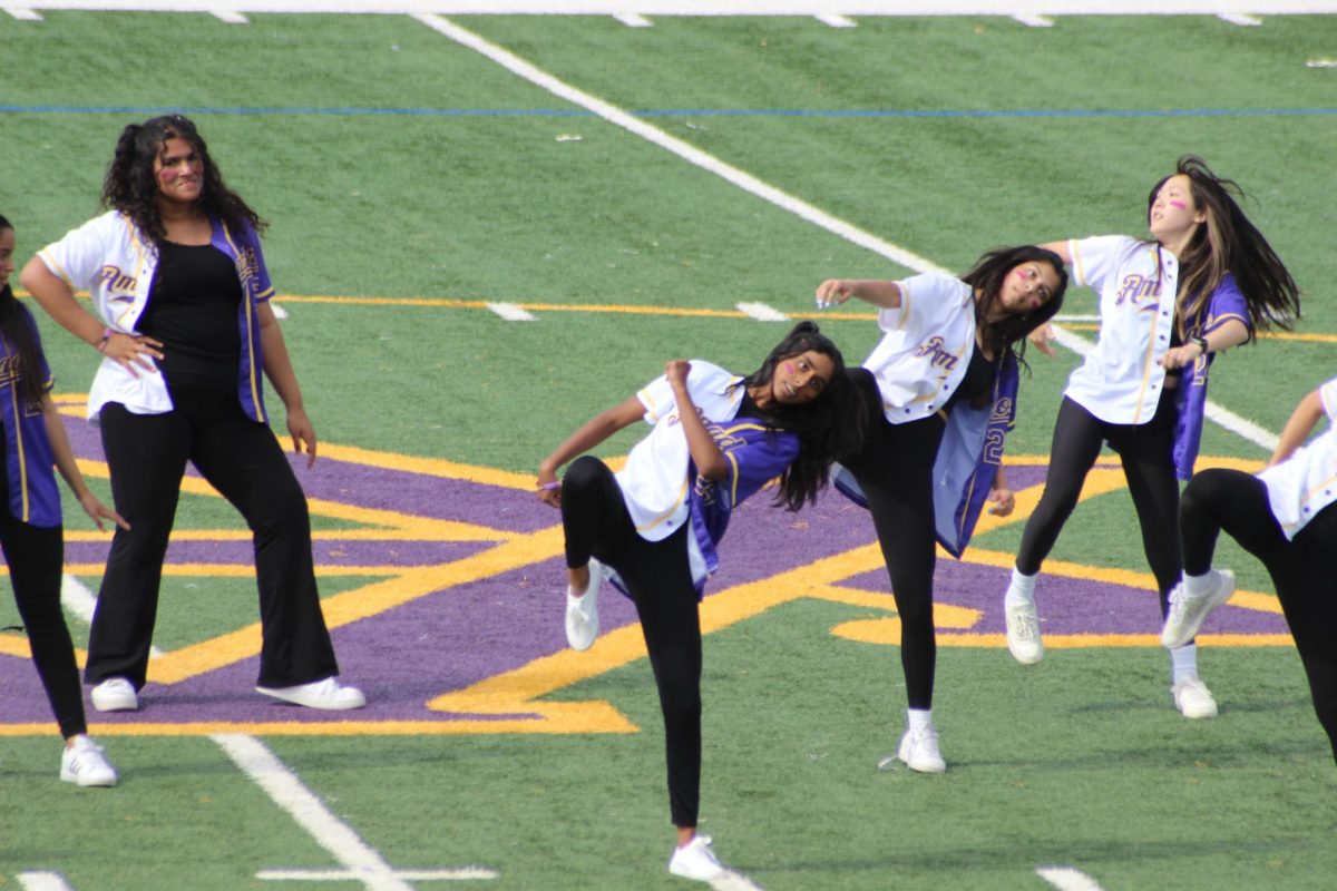 Anya Srinivasan (24) and other dance team members wear their iconic purple and white jerseys while performing.