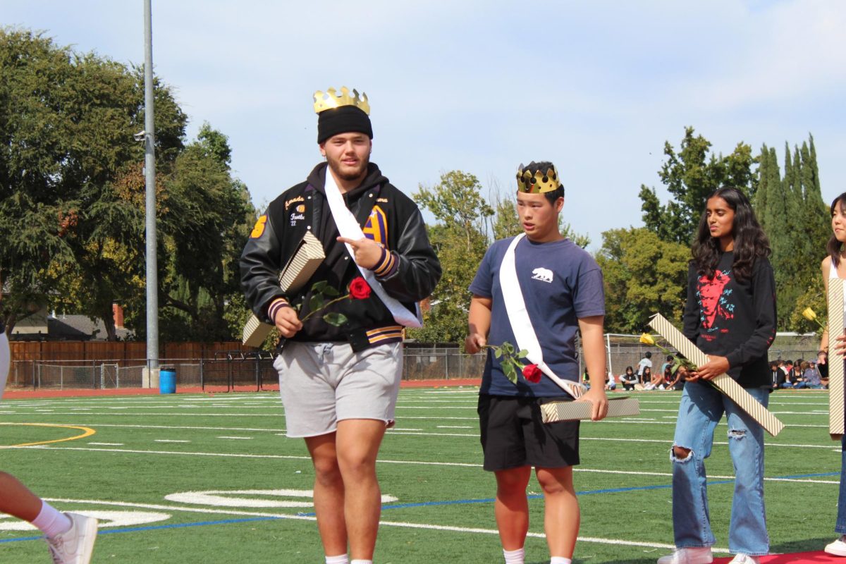 Junior Homecoming Court winners stand with their crowns, red roses, and sashes. 