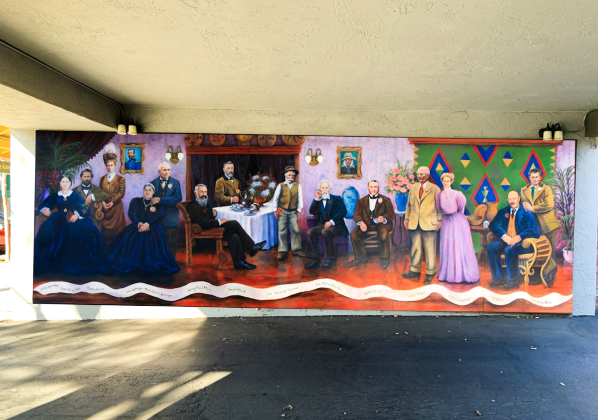The Pioneer Founders mural depicts important figures in Pleasantons history with their names listed on a strip at the bottom of the piece.