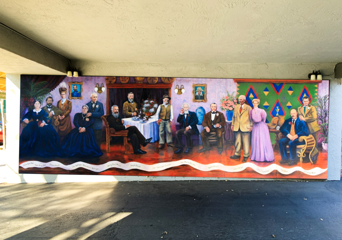 The Pioneer Founders mural depicts important figures in Pleasanton's history with their names listed on a strip at the bottom of the piece.