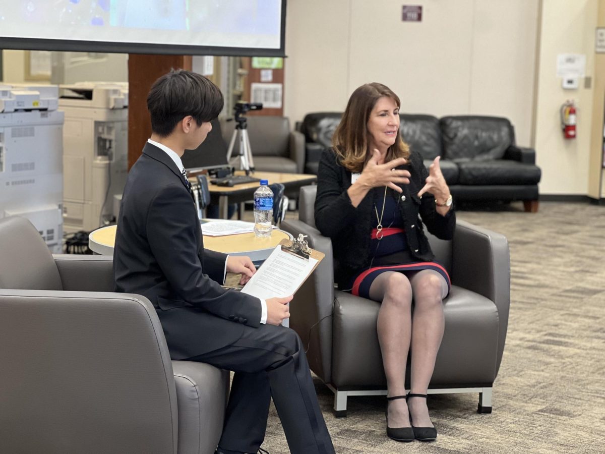 Leo He (25) hosted the Q&A panel with Pleasanton Mayor Karla Brown in the Library on Nov. 8.