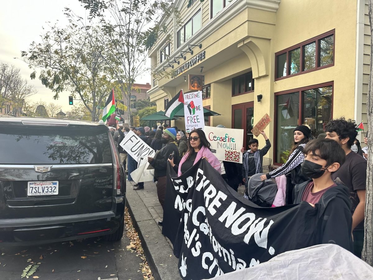 Pro-Palestinian demonstrators chant outside Starbucks coffee shop in downtown Pleasanton. 