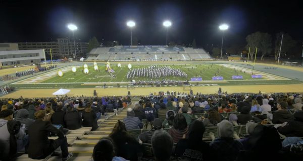 The Amador Valley Marching Band and Color Guard performs their 2023 field show, Mirror Mirror, for the last time in Sacramento Hornet Stadium.
