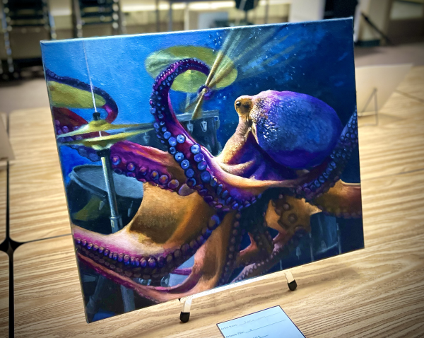 This painting, created by Dana Yang, depicts an octopus shredding the drums. 