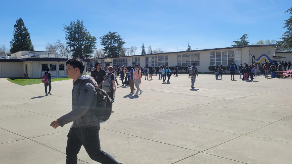 Students are walking to their next classes during passing period. 