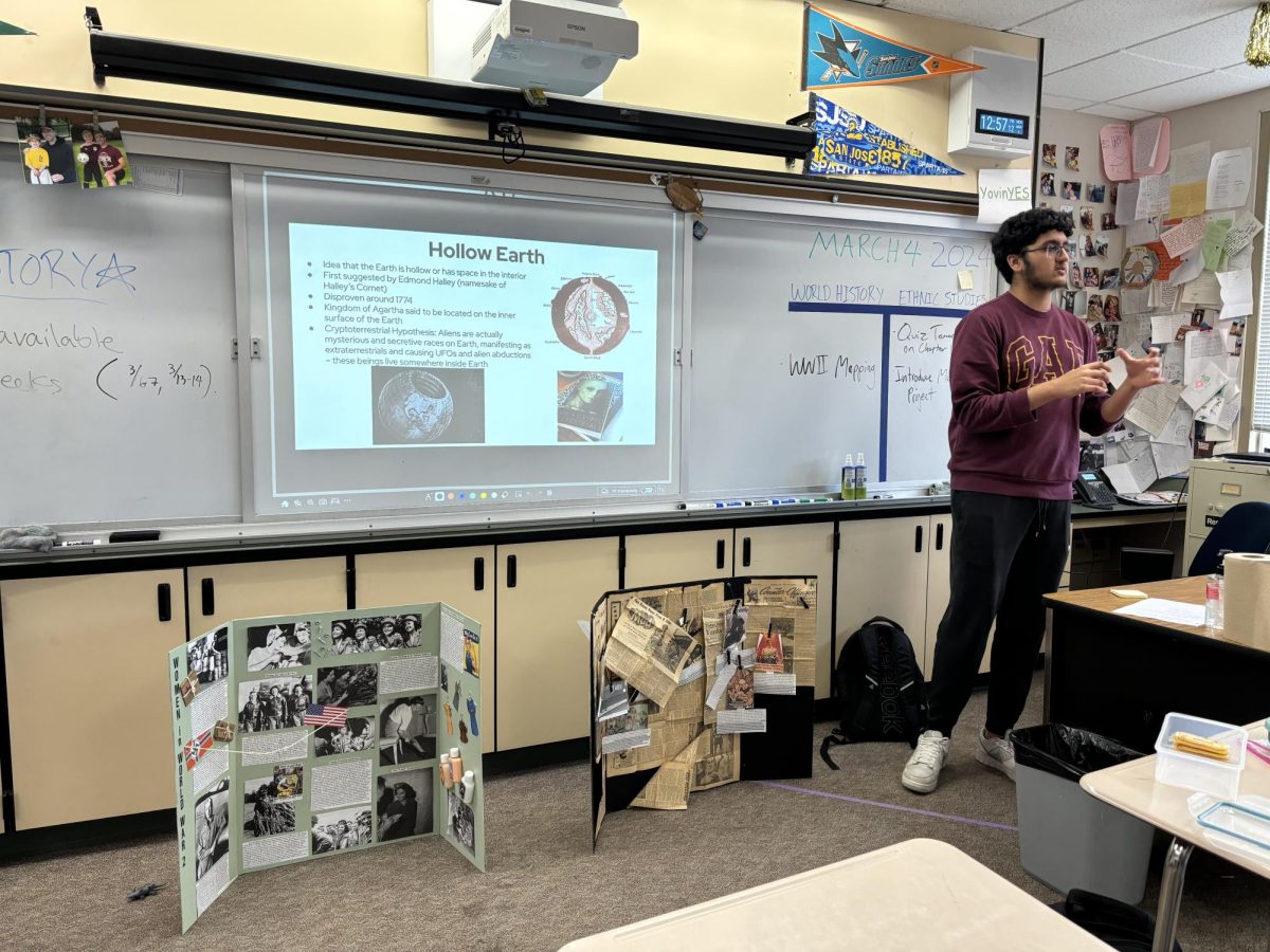 Abhinav Garg (‘25) lectures on ancient theories about the Earth in a Geography Club meeting. 