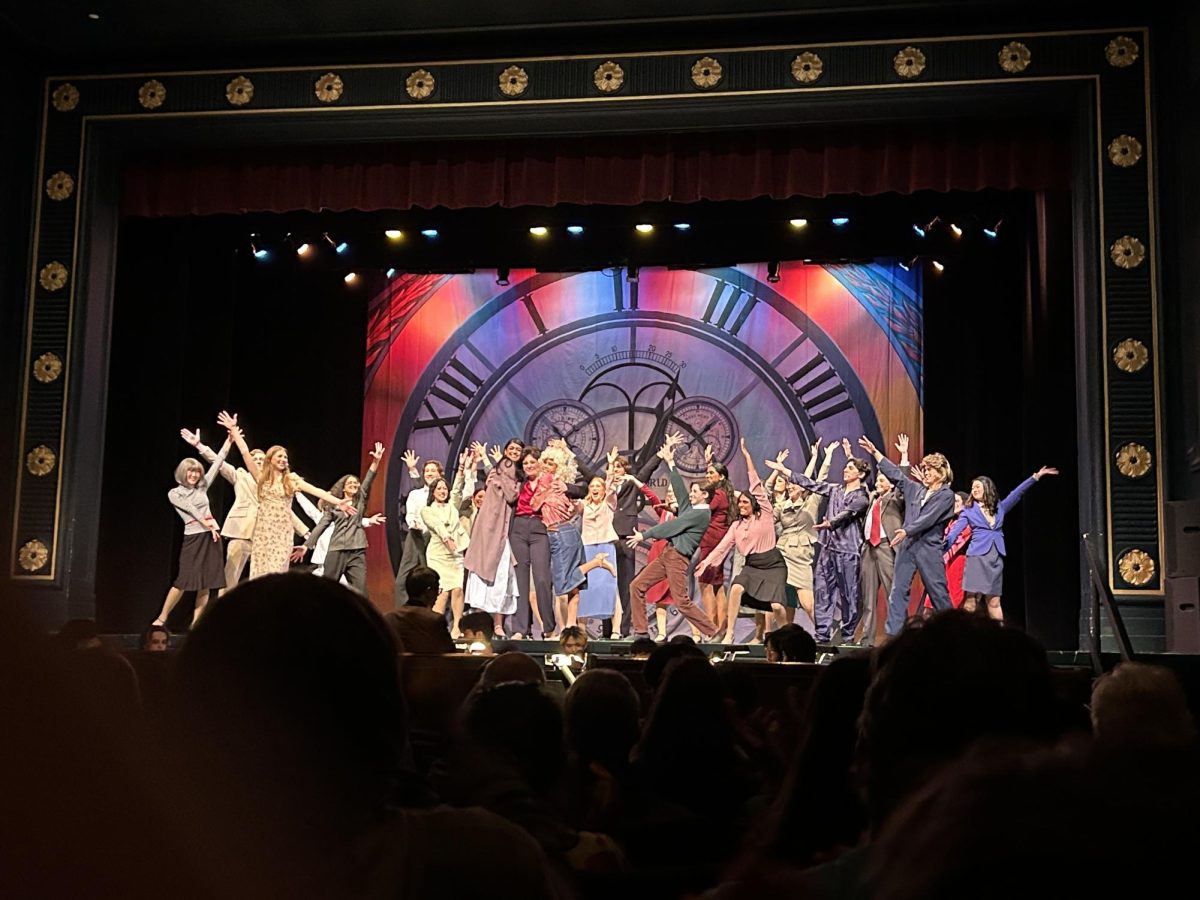 Violet (Natalie Piergrossi), Doralee (Veronica Pascual) and Judy (Ananya Acharya) embrace as the show ends.