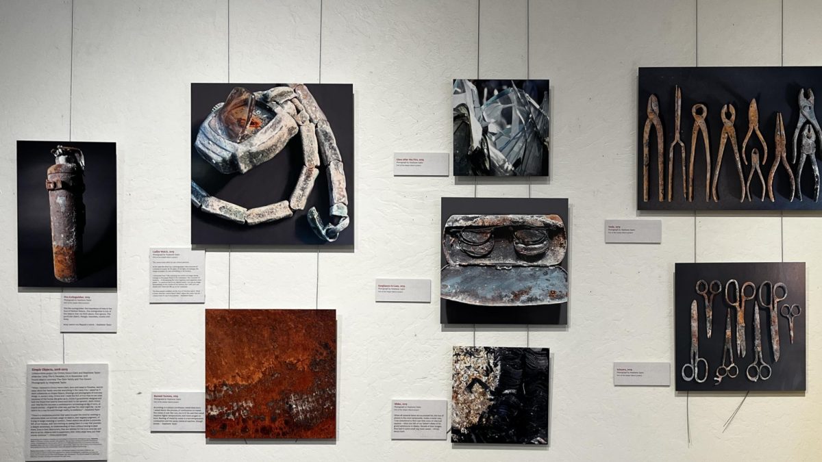 A collage made up of images of items recovered after a fire is displayed in the Downtown Pleasanton Museum.