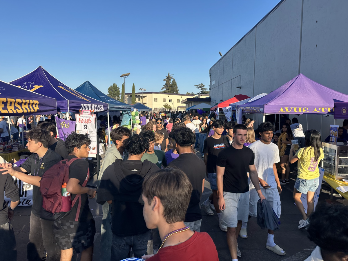 Families, students, and teachers walk through spirited booths at the annual Pigskin event.