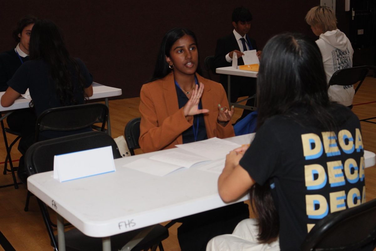 Business Academy member Abinaya Jawahar (‘29) competes in a roleplay at the Tri-Valley Minicon, a DECA conference featuring seven local high school chapters.