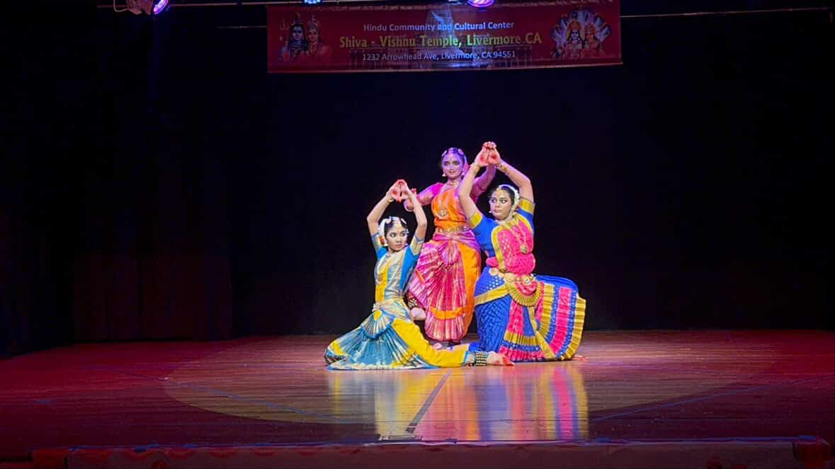 From left to right, Gaurangi Patil, Samyukta Karthik, and Saijayani Saravanan perform Bharatanatyam at the Shiva Vishnu temple in Livermore, CA.