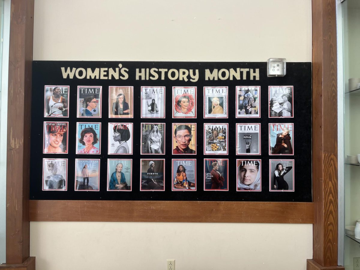 This Women's History Month bulletin board is located on the left as you walk into the AVHS library, displaying influential women on Time magazine covers.